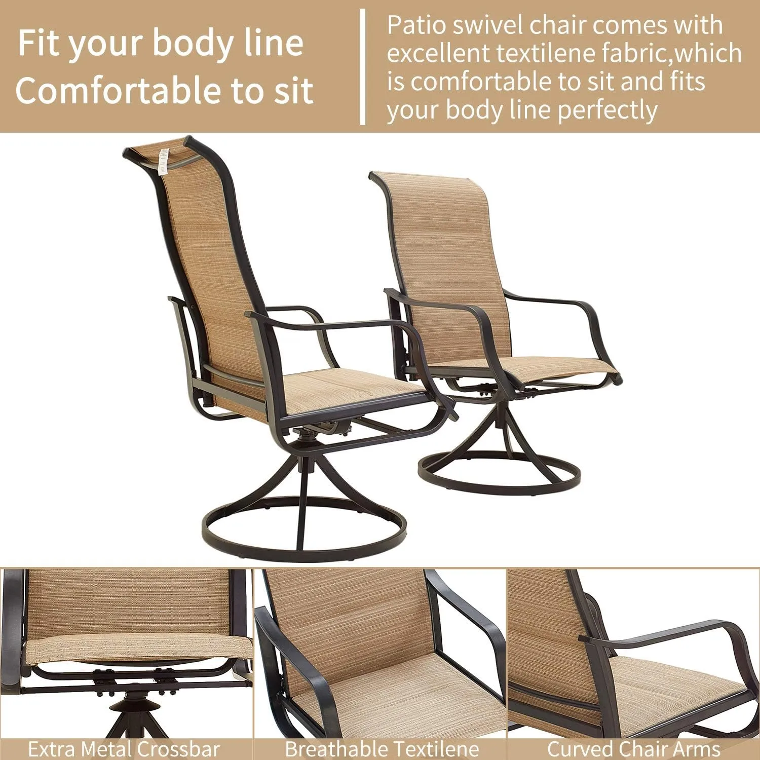 Patio Dining Chairs Textilene High Back Outdoor Swivel Rocker Set with All Weather Frame (Beige,Set of 2)