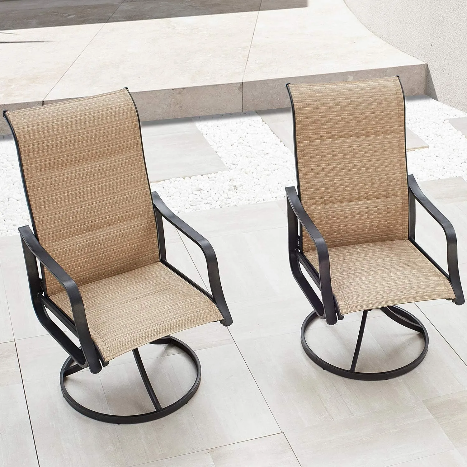 Patio Dining Chairs Textilene High Back Outdoor Swivel Rocker Set with All Weather Frame (Beige,Set of 2)