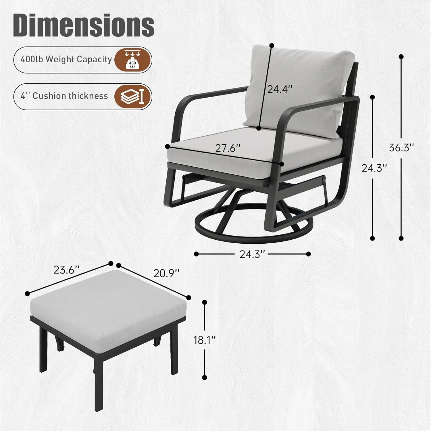 Patio Glider Swivel Rocker Chair: 1pcs Aluminum Alloy Ensemble 360° Swivel Rocking Glider Chair, Rust-Resistant Frame Cushions -Perfect for Backyard, Deck, Porch, Balcony (1 Glider Chair& 1 Ottoman)