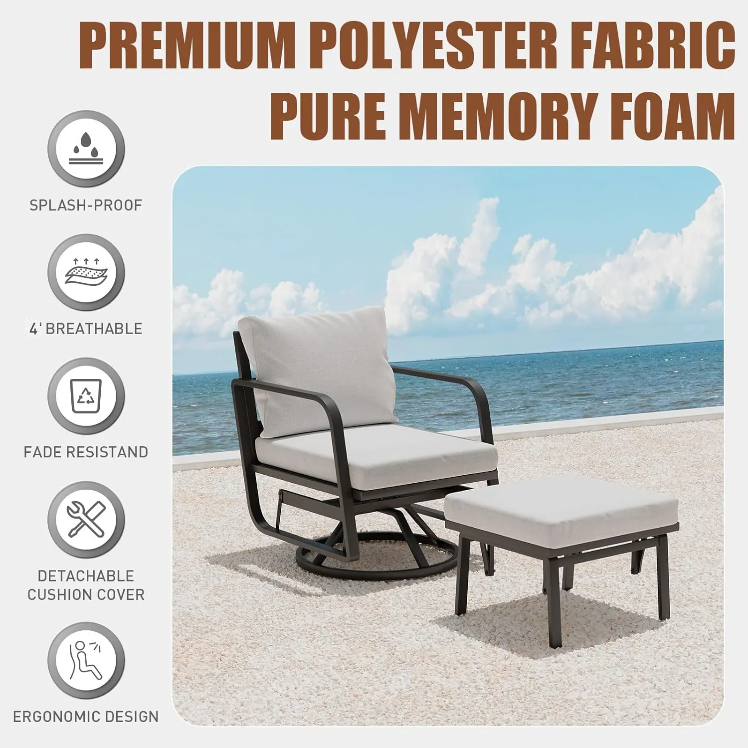 Patio Glider Swivel Rocker Chair: 1pcs Aluminum Alloy Ensemble 360° Swivel Rocking Glider Chair, Rust-Resistant Frame Cushions -Perfect for Backyard, Deck, Porch, Balcony (1 Glider Chair& 1 Ottoman)
