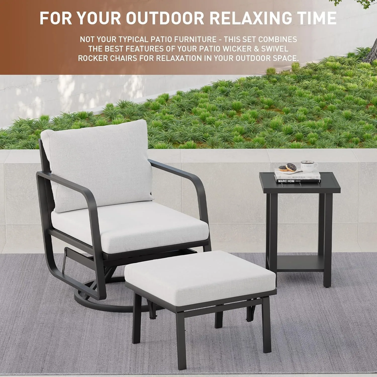 Patio Glider Swivel Rocker Chair: 1pcs Aluminum Alloy Ensemble 360° Swivel Rocking Glider Chair, Rust-Resistant Frame Cushions -Perfect for Backyard, Deck, Porch, Balcony (1 Glider Chair& 1 Ottoman)