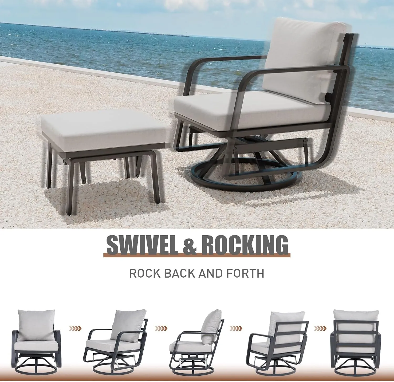 Patio Glider Swivel Rocker Chair: 1pcs Aluminum Alloy Ensemble 360° Swivel Rocking Glider Chair, Rust-Resistant Frame Cushions -Perfect for Backyard, Deck, Porch, Balcony (1 Glider Chair& 1 Ottoman)