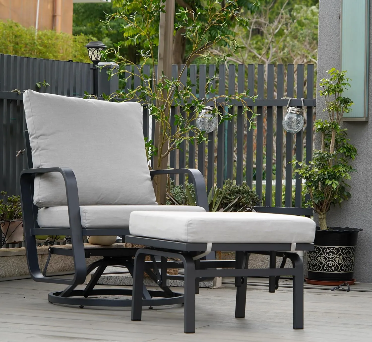 Patio Glider Swivel Rocker Chair: 1pcs Aluminum Alloy Ensemble 360° Swivel Rocking Glider Chair, Rust-Resistant Frame Cushions -Perfect for Backyard, Deck, Porch, Balcony (1 Glider Chair& 1 Ottoman)