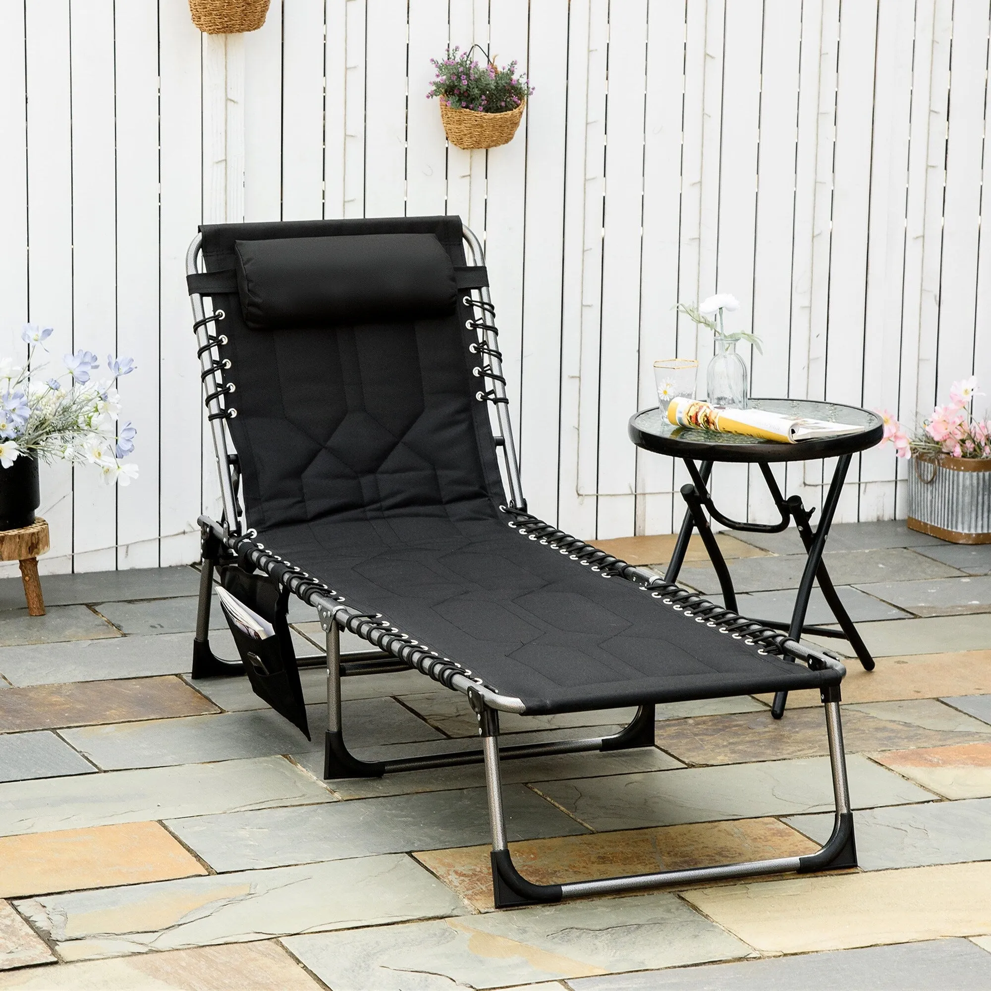 Patio Padded Folding Chaise Lounge Chair, Outdoor 6-Level Reclining Camping Tanning Chair with Headrest
