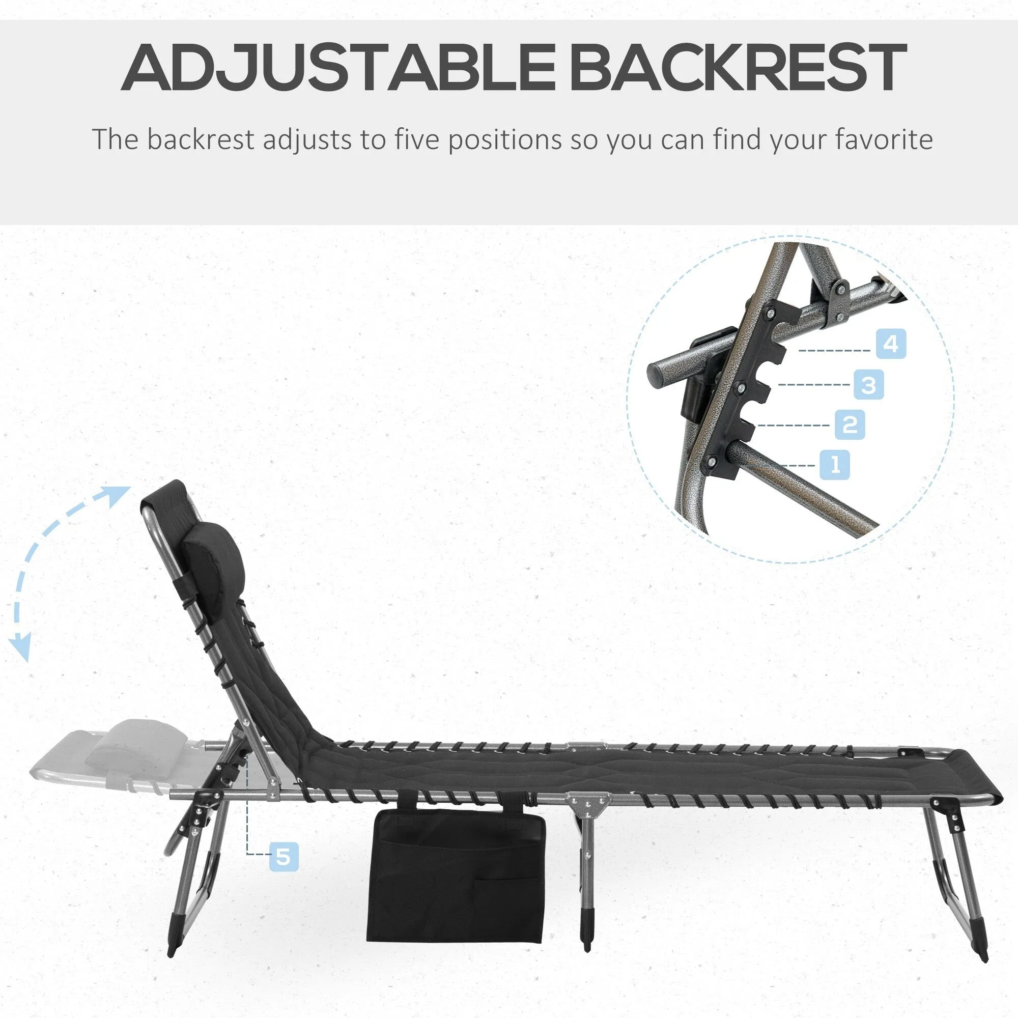 Patio Padded Folding Chaise Lounge Chair, Outdoor 6-Level Reclining Camping Tanning Chair with Headrest