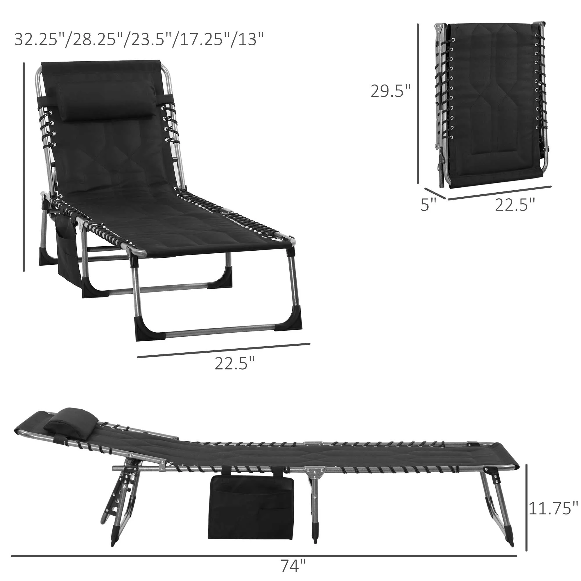 Patio Padded Folding Chaise Lounge Chair, Outdoor 6-Level Reclining Camping Tanning Chair with Headrest