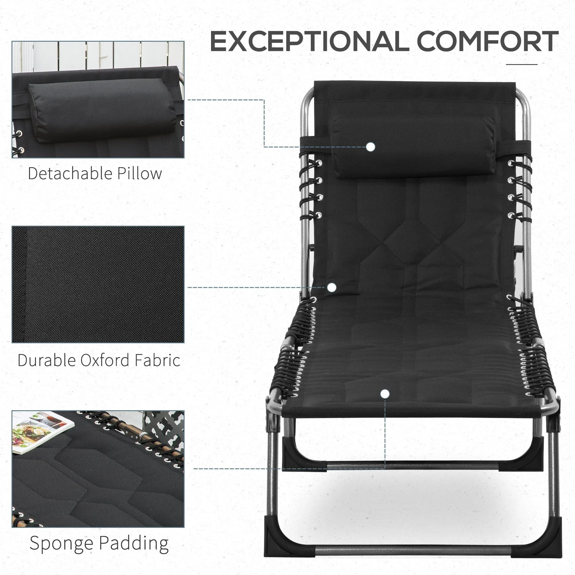 Patio Padded Folding Chaise Lounge Chair, Outdoor 6-Level Reclining Camping Tanning Chair with Headrest