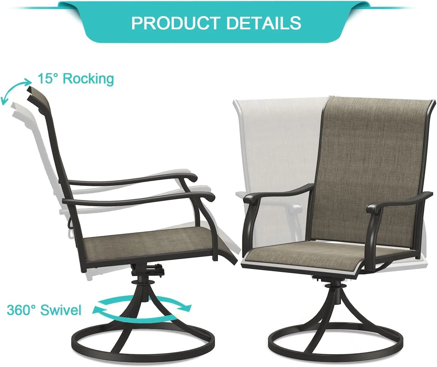 Patio Swivel Chairs Outdoor Swivel Rocker Dining Chairs with All Weather Textilene High Back Metal Frame for Backyard Deck Lawn Garden (Gray, Set of 2)
