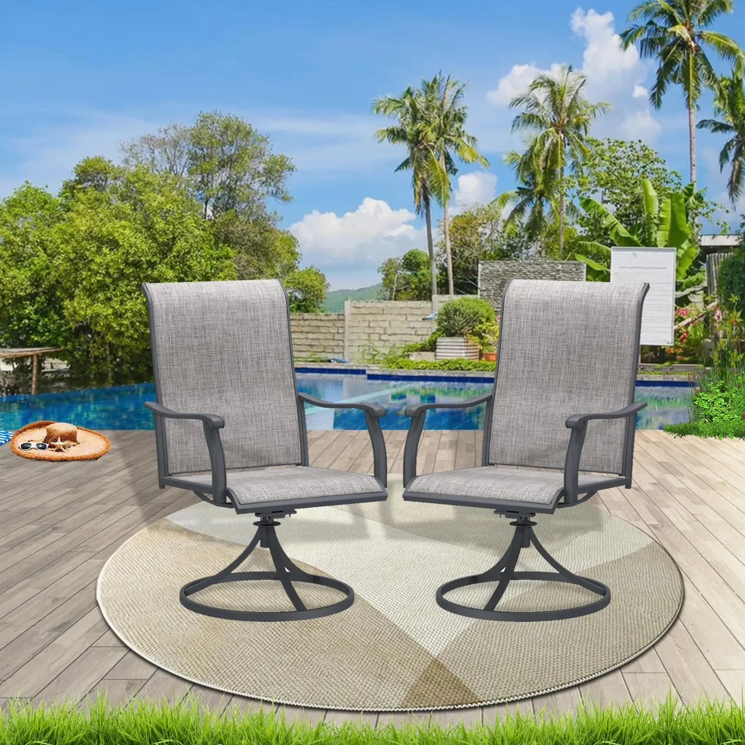 Patio Swivel Chairs Outdoor Swivel Rocker Dining Chairs with All Weather Textilene High Back Metal Frame for Backyard Deck Lawn Garden (Gray, Set of 2)