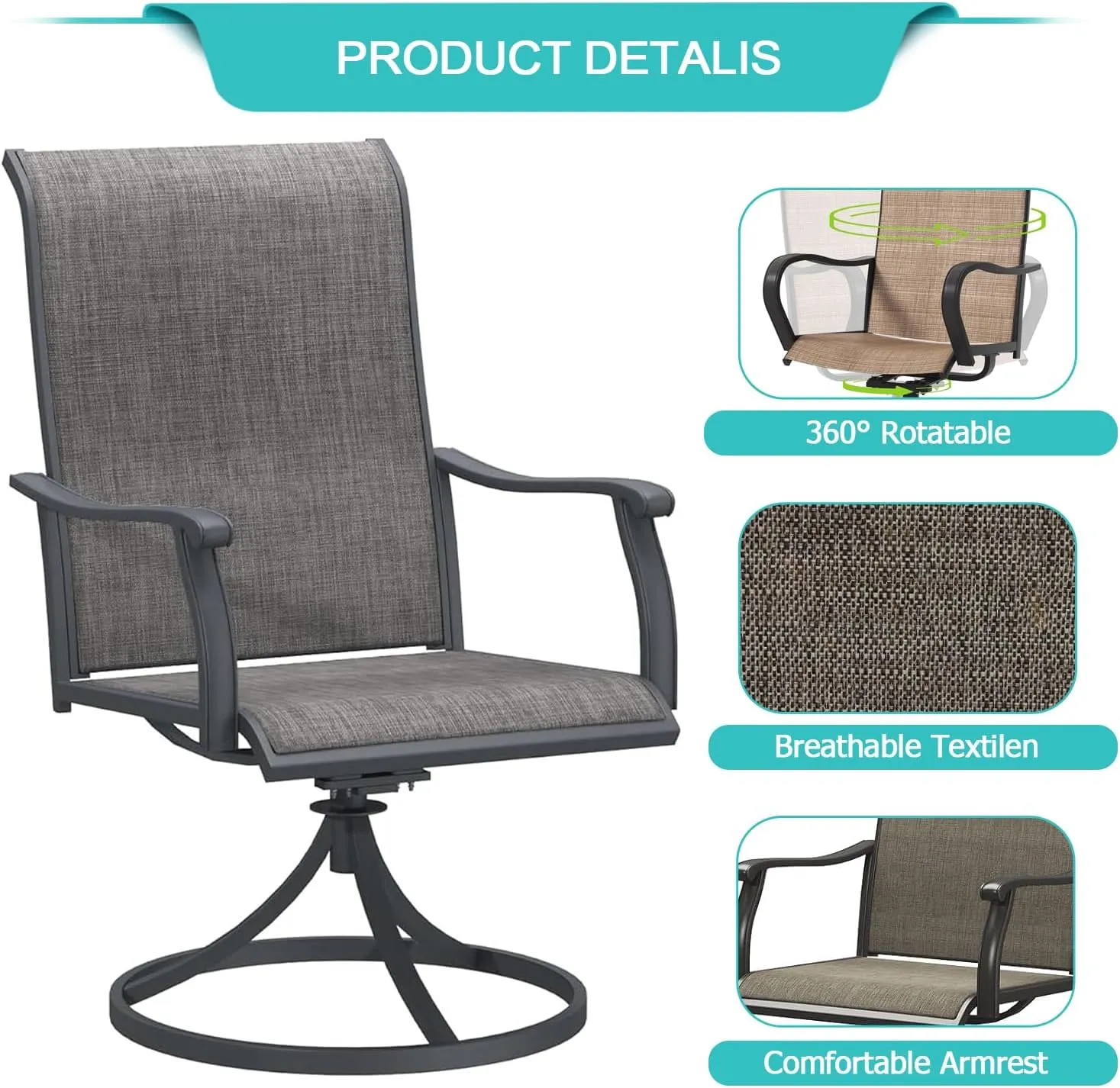 Patio Swivel Chairs Outdoor Swivel Rocker Dining Chairs with All Weather Textilene High Back Metal Frame for Backyard Deck Lawn Garden (Gray, Set of 2)