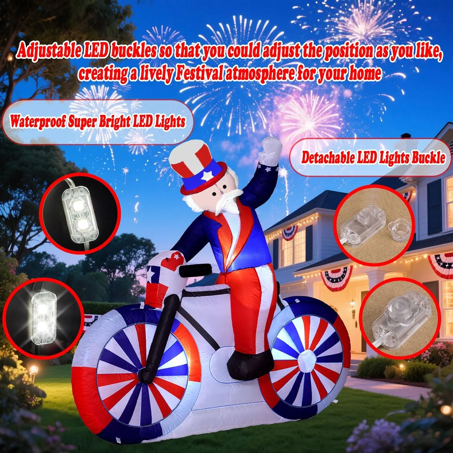 Patriotic 4th of July Inflatables - 6ft Tall Uncle Sam in Bicycle with LED Lights, Storage Bag - Blow up Yard Decorations for Outdoor and American Celebrations