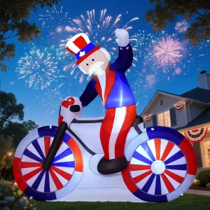 Patriotic 4th of July Inflatables - 6ft Tall Uncle Sam in Bicycle with LED Lights, Storage Bag - Blow up Yard Decorations for Outdoor and American Celebrations