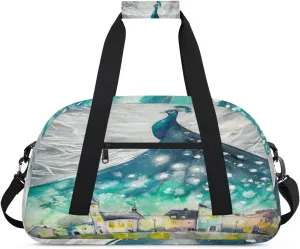Peacock City Gym Duffel Bag for Men Women Watercolor Sports Tote Bag with Adjustable Shoulder Strap for Dance Gymnastics Traveling Outdoor Camping Overnight Stay