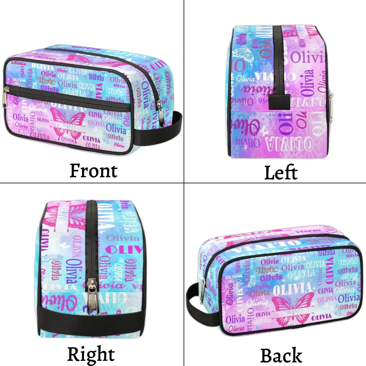Personalized Travel Cosmetic Bag Waterproof Makeup Bags, Custom Name Rosy Pink Organizer Case Toiletries Container Bag, Painted Blue Pink Watercolor with Butterflies