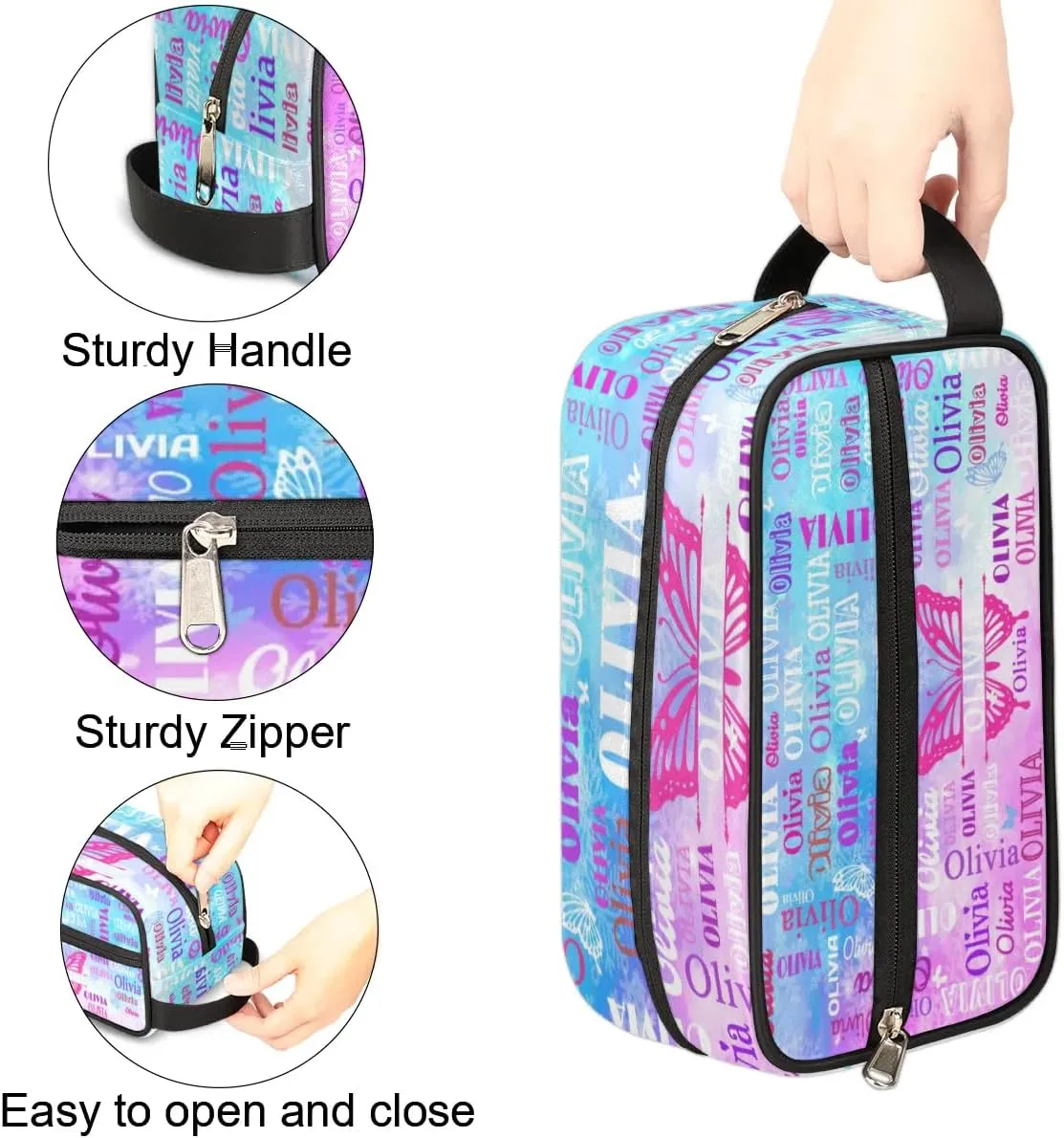Personalized Travel Cosmetic Bag Waterproof Makeup Bags, Custom Name Rosy Pink Organizer Case Toiletries Container Bag, Painted Blue Pink Watercolor with Butterflies