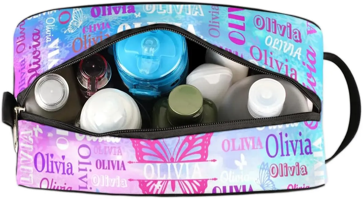 Personalized Travel Cosmetic Bag Waterproof Makeup Bags, Custom Name Rosy Pink Organizer Case Toiletries Container Bag, Painted Blue Pink Watercolor with Butterflies