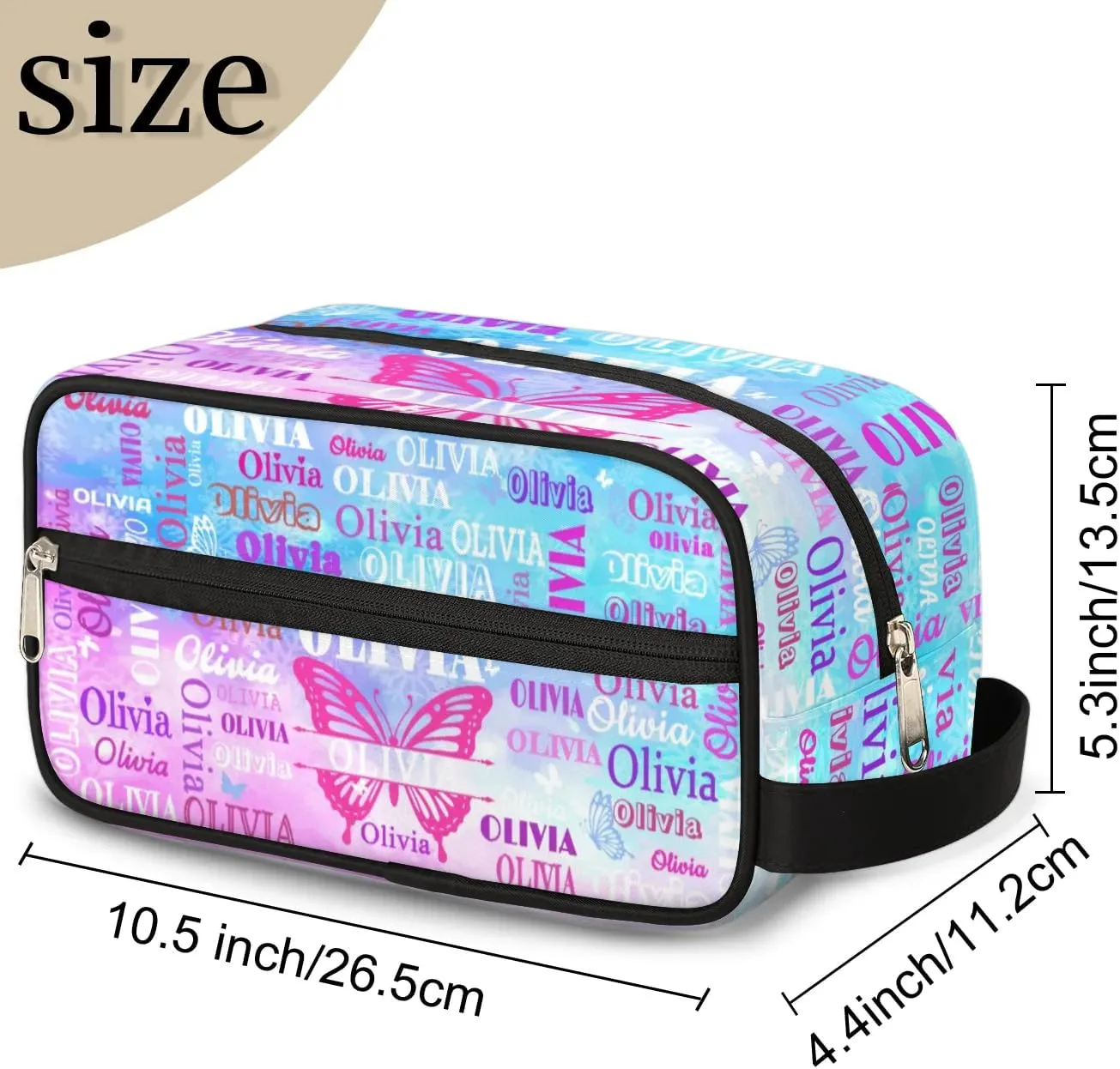 Personalized Travel Cosmetic Bag Waterproof Makeup Bags, Custom Name Rosy Pink Organizer Case Toiletries Container Bag, Painted Blue Pink Watercolor with Butterflies
