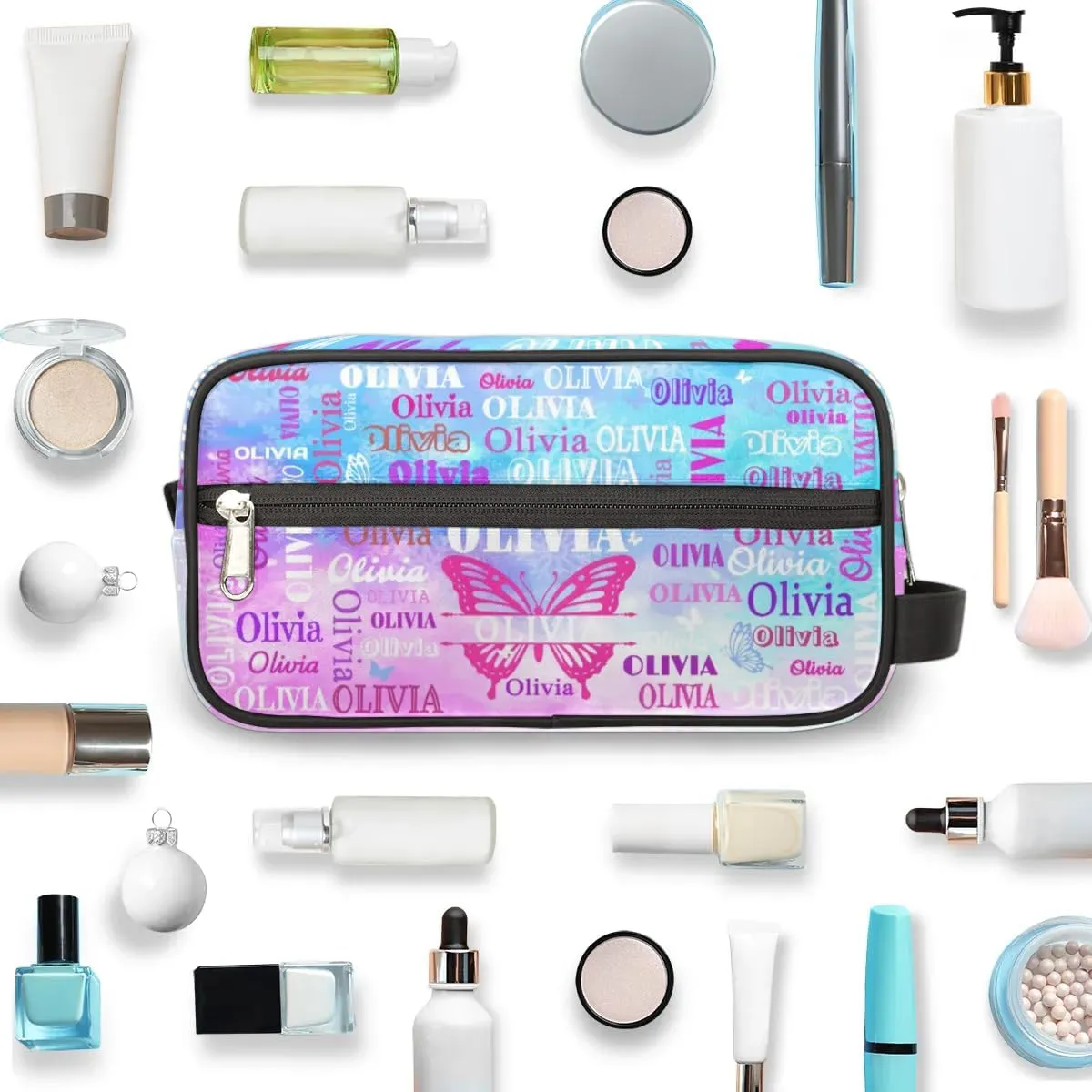 Personalized Travel Cosmetic Bag Waterproof Makeup Bags, Custom Name Rosy Pink Organizer Case Toiletries Container Bag, Painted Blue Pink Watercolor with Butterflies