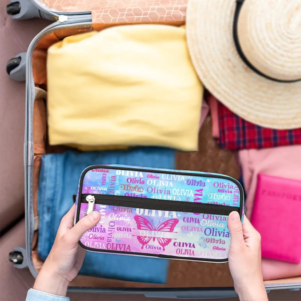 Personalized Travel Cosmetic Bag Waterproof Makeup Bags, Custom Name Rosy Pink Organizer Case Toiletries Container Bag, Painted Blue Pink Watercolor with Butterflies