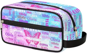 Personalized Travel Cosmetic Bag Waterproof Makeup Bags, Custom Name Rosy Pink Organizer Case Toiletries Container Bag, Painted Blue Pink Watercolor with Butterflies