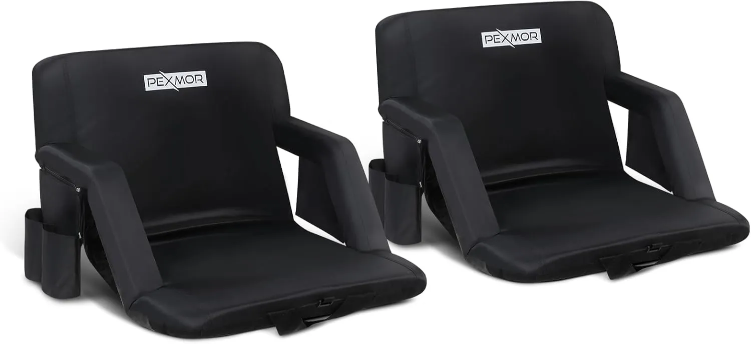 PEXMOR 2 Pack Folding Stadium Seats w/Back Support, 5-Reclining Position Bleacher Chair w/Cushion & Armrest, Portable Padded Stadium Chair w/Pockets, Carrying Bag