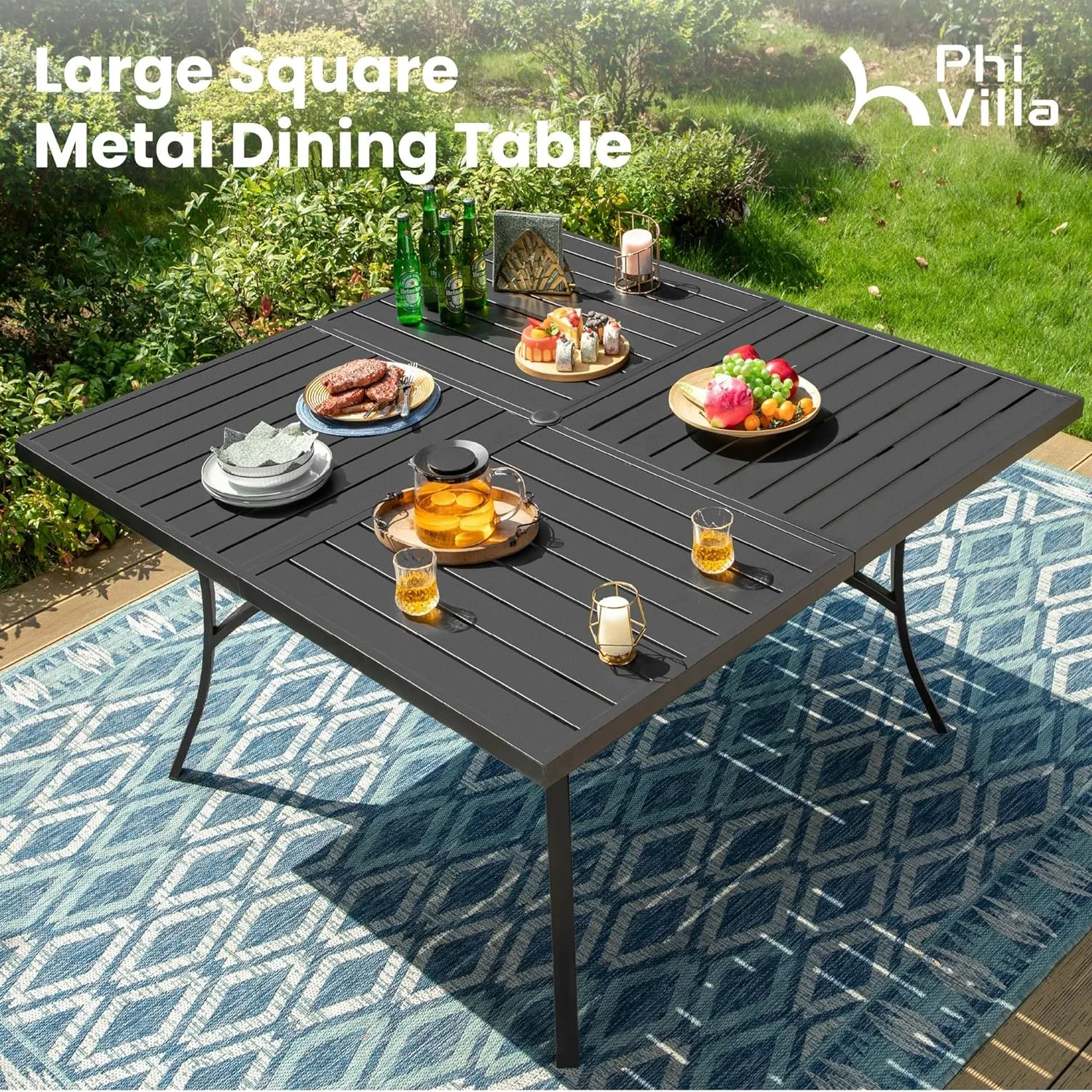 PHI VILLA Outdoor Dining Table Chair Set for 8 Person, 1 Large Square Metal Dining Table with Umbrella Hole & 8 High Back Padded Textilene Dining Chairs, Patio Dining Set for Lawn Garden Poolside