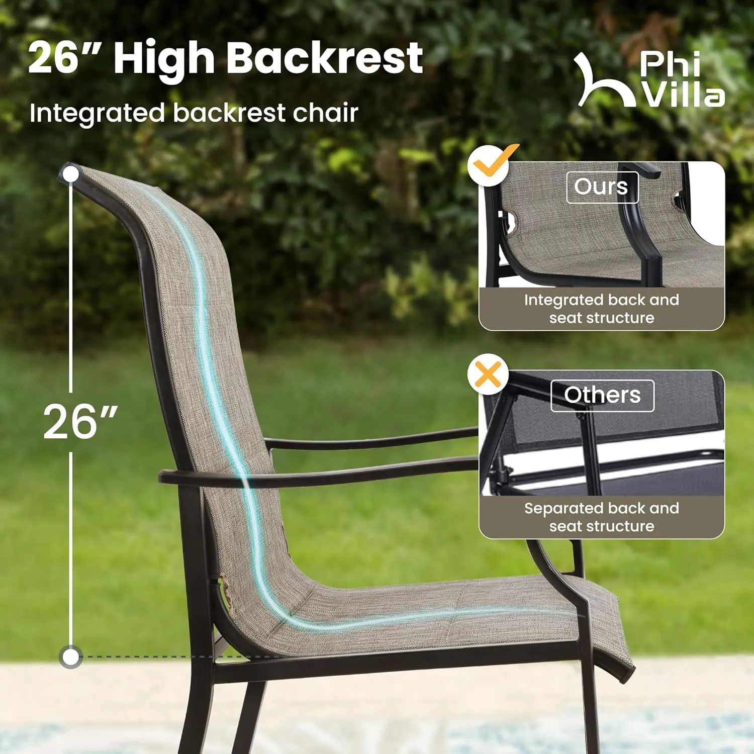 PHI VILLA Outdoor Dining Table Chair Set for 8 Person, 1 Large Square Metal Dining Table with Umbrella Hole & 8 High Back Padded Textilene Dining Chairs, Patio Dining Set for Lawn Garden Poolside