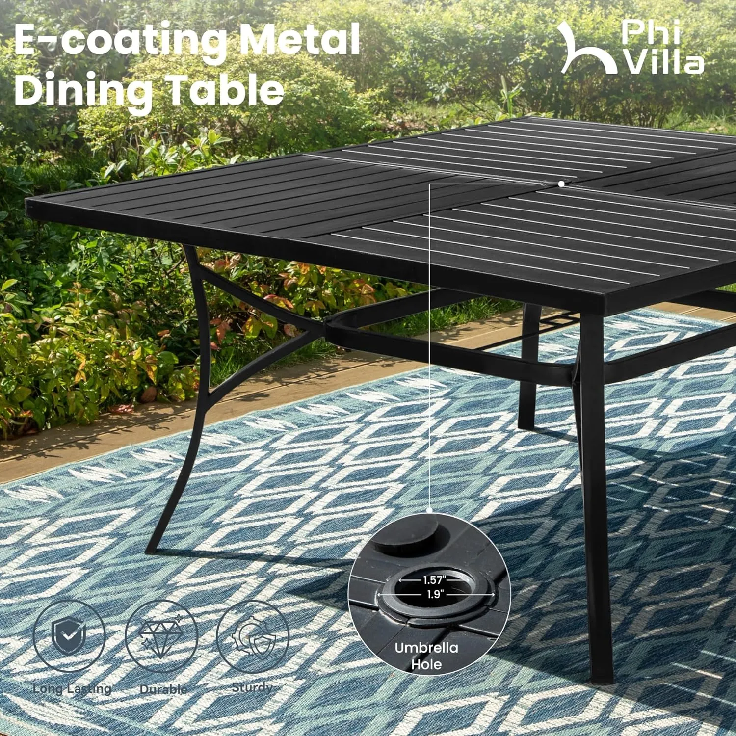 PHI VILLA Outdoor Dining Table Chair Set for 8 Person, 1 Large Square Metal Dining Table with Umbrella Hole & 8 High Back Padded Textilene Dining Chairs, Patio Dining Set for Lawn Garden Poolside