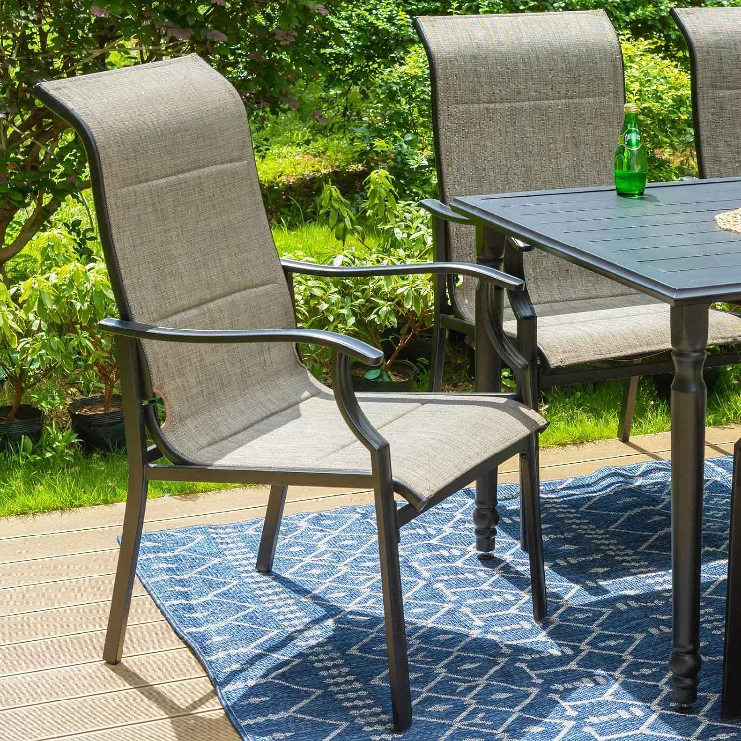 PHI VILLA Outdoor Dining Table Chair Set for 8 Person, 1 Large Square Metal Dining Table with Umbrella Hole & 8 High Back Padded Textilene Dining Chairs, Patio Dining Set for Lawn Garden Poolside