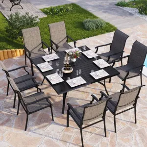 PHI VILLA Outdoor Dining Table Chair Set for 8 Person, 1 Large Square Metal Dining Table with Umbrella Hole & 8 High Back Padded Textilene Dining Chairs, Patio Dining Set for Lawn Garden Poolside