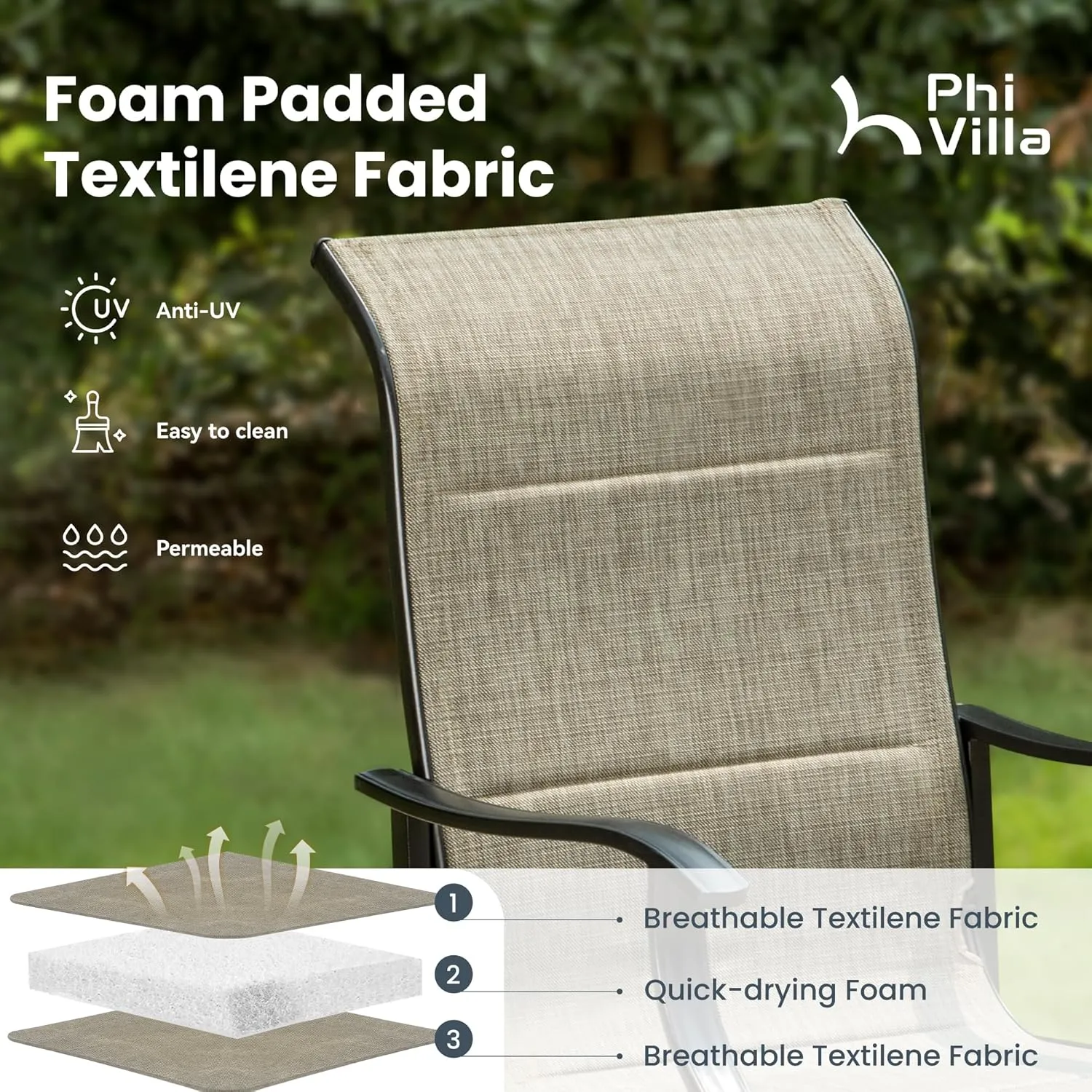 PHI VILLA Outdoor Dining Table Chair Set for 8 Person, 1 Large Square Metal Dining Table with Umbrella Hole & 8 High Back Padded Textilene Dining Chairs, Patio Dining Set for Lawn Garden Poolside