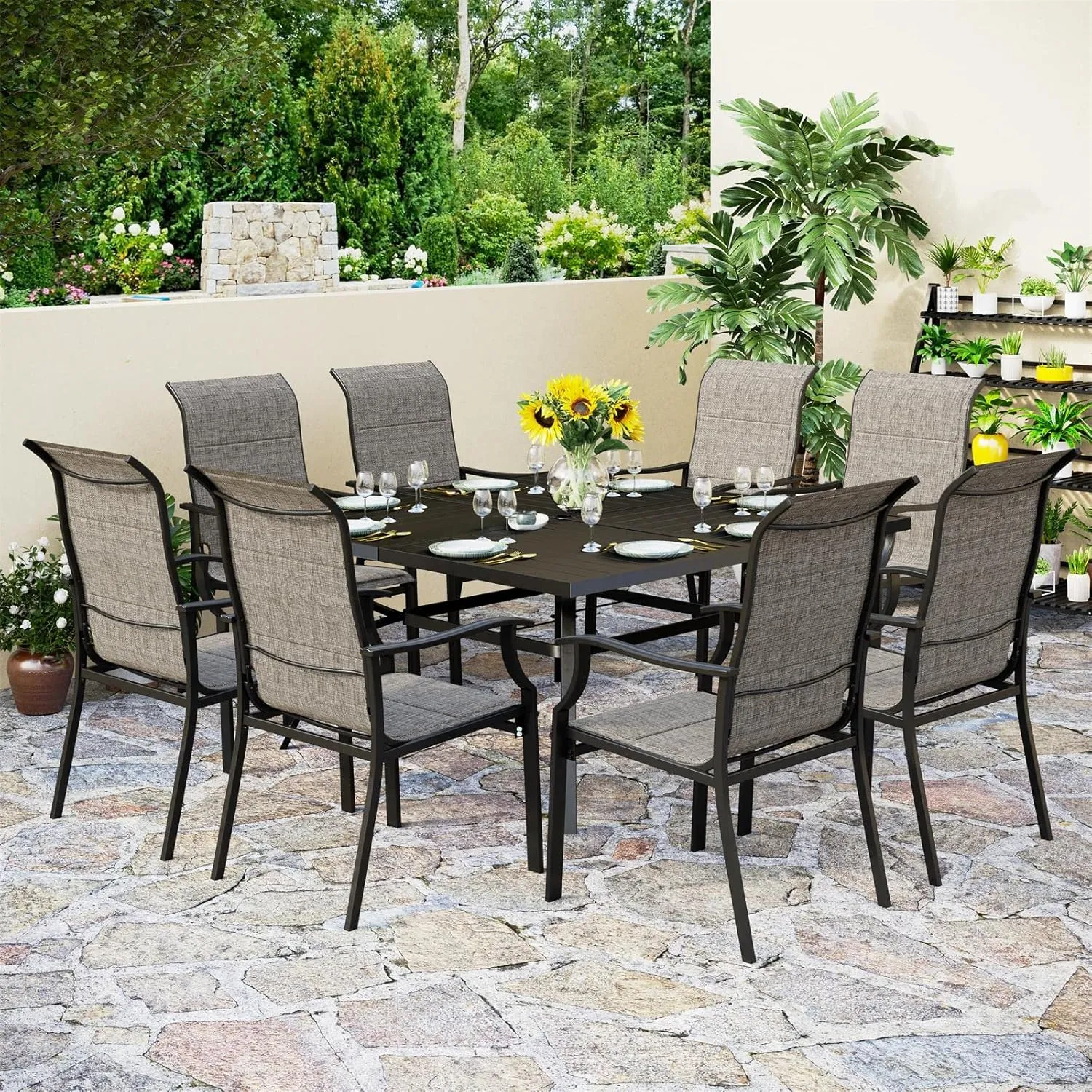 PHI VILLA Outdoor Dining Table Chair Set for 8 Person, 1 Large Square Metal Dining Table with Umbrella Hole & 8 High Back Padded Textilene Dining Chairs, Patio Dining Set for Lawn Garden Poolside