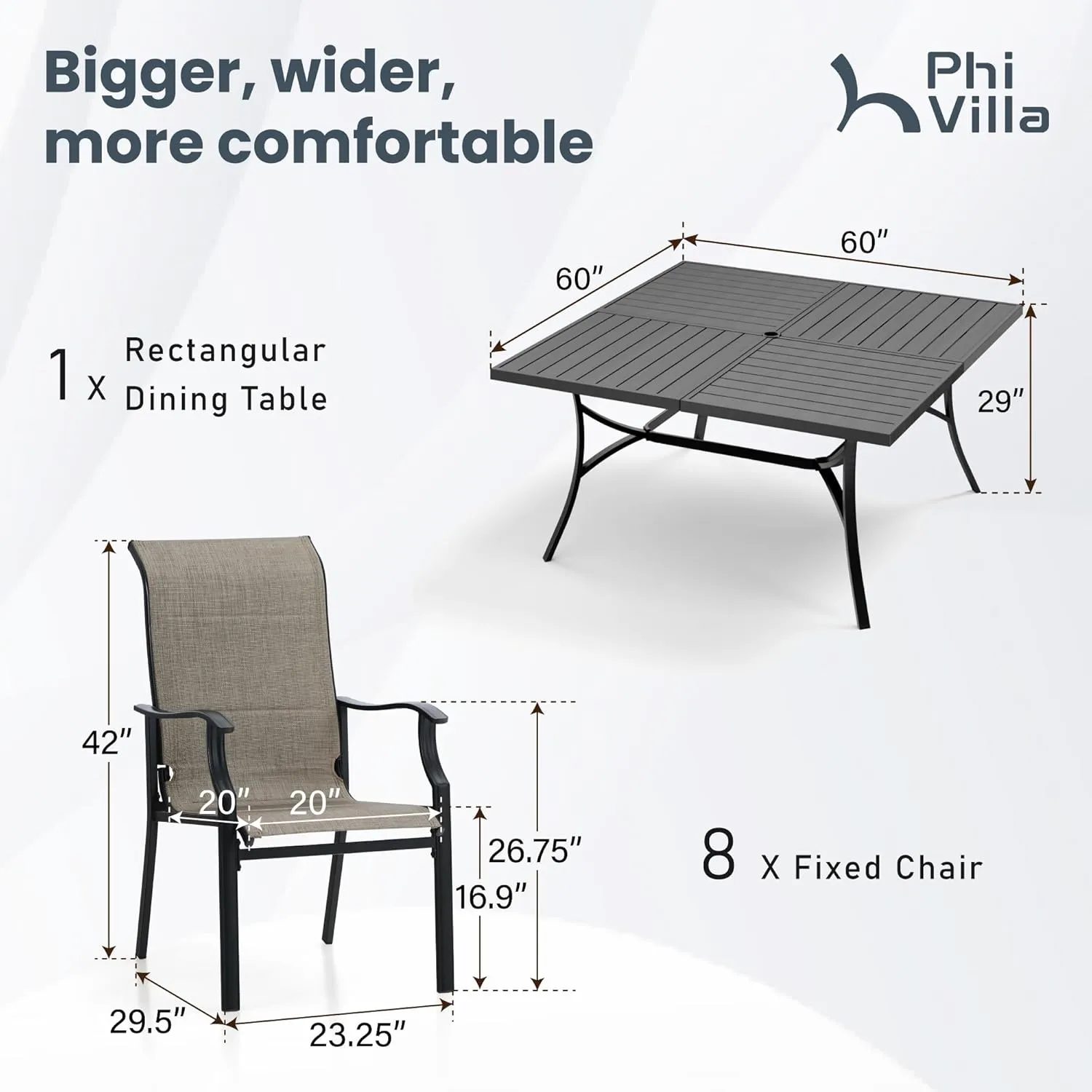PHI VILLA Outdoor Dining Table Chair Set for 8 Person, 1 Large Square Metal Dining Table with Umbrella Hole & 8 High Back Padded Textilene Dining Chairs, Patio Dining Set for Lawn Garden Poolside