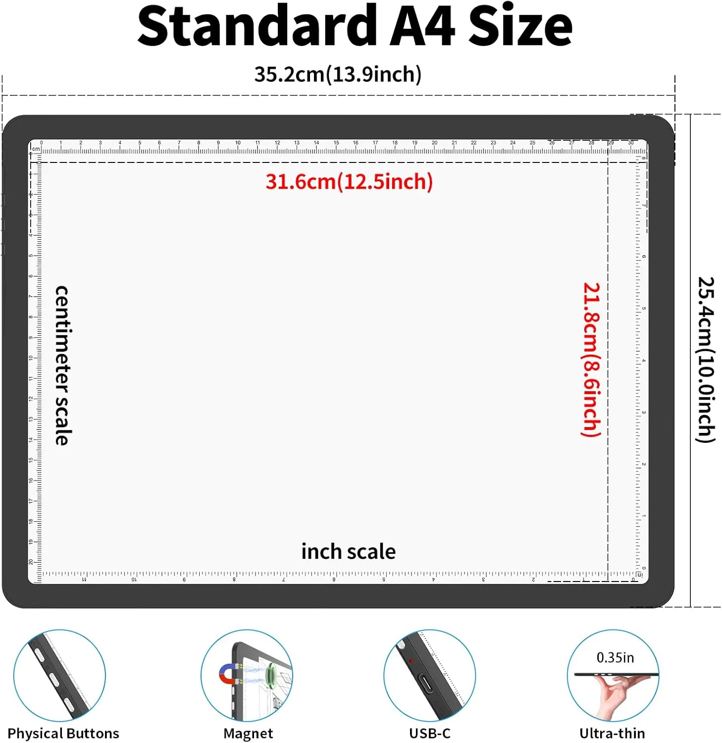 Phylosal Rechargeable A4 Light Pad with Carry Bag, Ultra-Thin Magnetic Tracing Light Box for Drawing, Diamond Art Painting Light Board with Side Button, Super Bright Light Table for Sketching (Black)