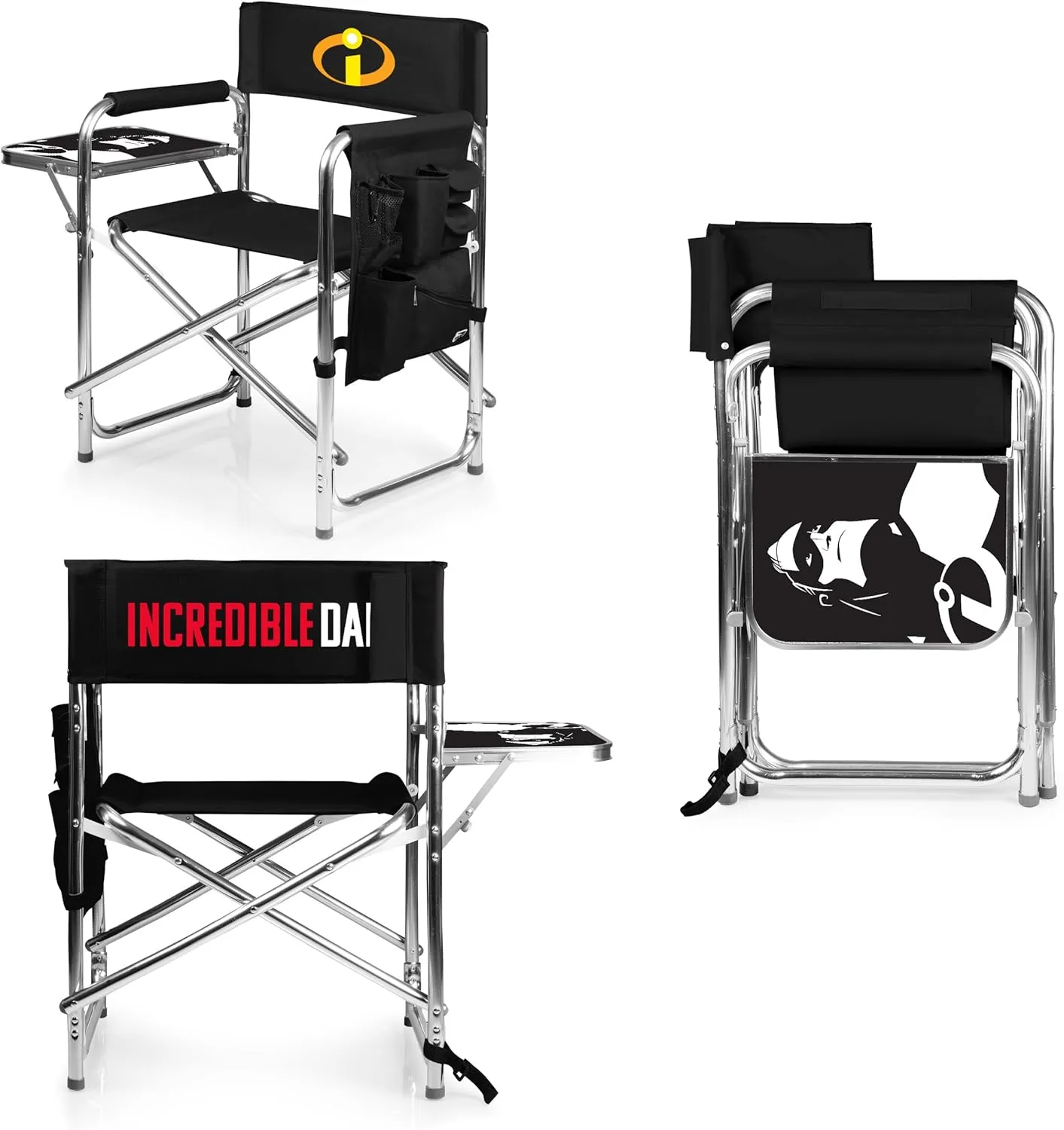PICNIC TIME Disney Pixar The Incredibles Mr. Incredible Sports Chair with Side Table, Beach Chair, Camp Chair for Adults, (Black)