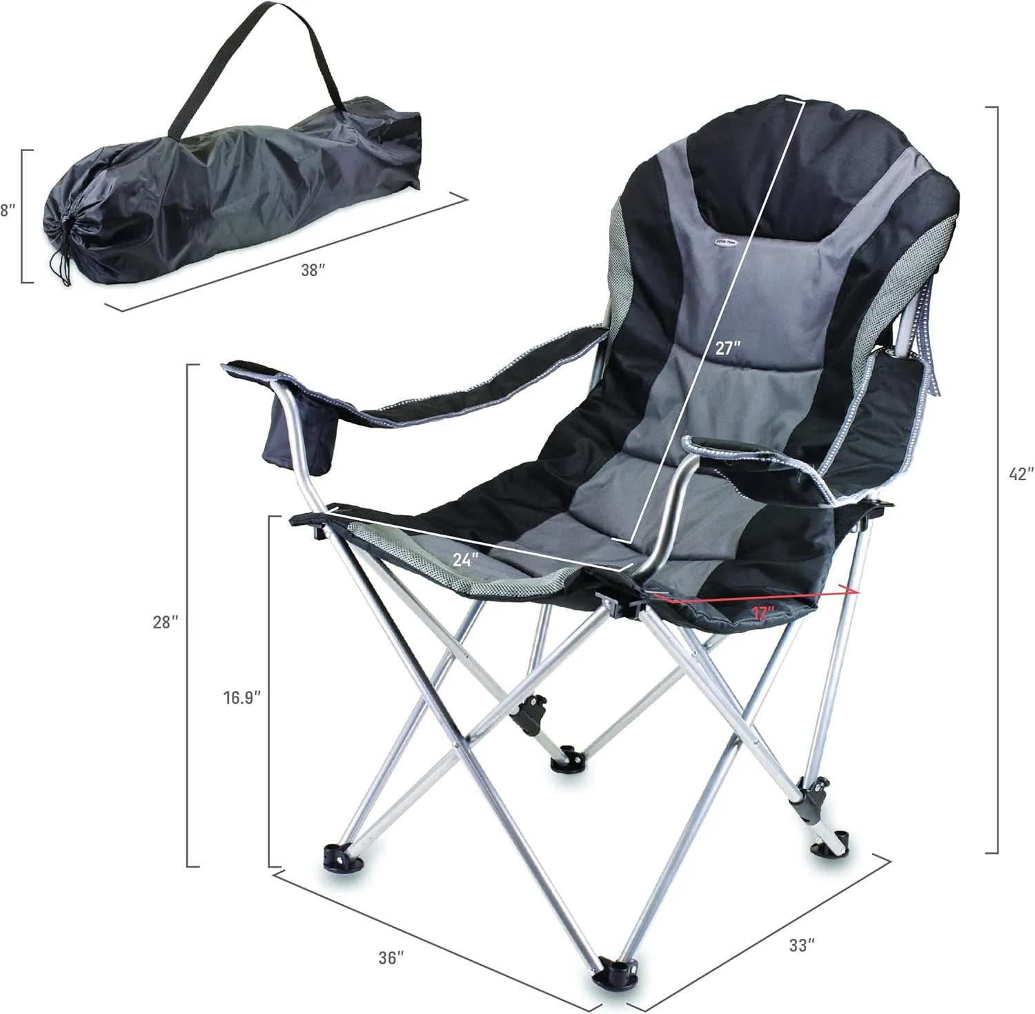 PICNIC TIME NHL Carolina Hurricanes Reclining Camp Chair, Beach Chair for Adults, Sports Chair with Carry Bag, (Black with Gray Accents)