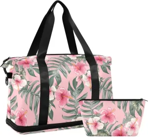 Pink Morning Glory Leaves Gym Bag Duffle Bag with Wet Pocket&Shoe Compartment Overnight Weekender Travel Bag