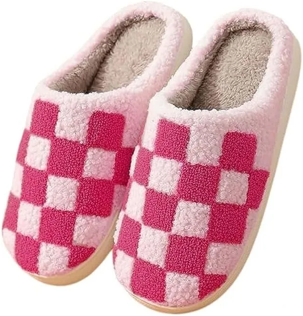 Plaid Slippers, Home Slippers for Women and Men, Fluffy Memory Foam, Indoor/Outdoor, Warm Velvet (pink, Adult, Women, 9, Numeric, US Footwear Size System, Medium)
