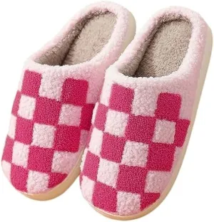 Plaid Slippers, Home Slippers for Women and Men, Fluffy Memory Foam, Indoor/Outdoor, Warm Velvet (pink, Adult, Women, 9, Numeric, US Footwear Size System, Medium)