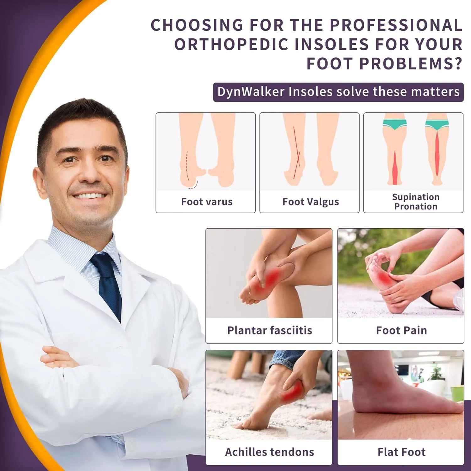 Plantar Fasciitis Insoles, DynWalker High Arch Insoles,for Flat Feet, Achilles Tendonitis,O-Legs,overpronation,Foot Pain, XXL