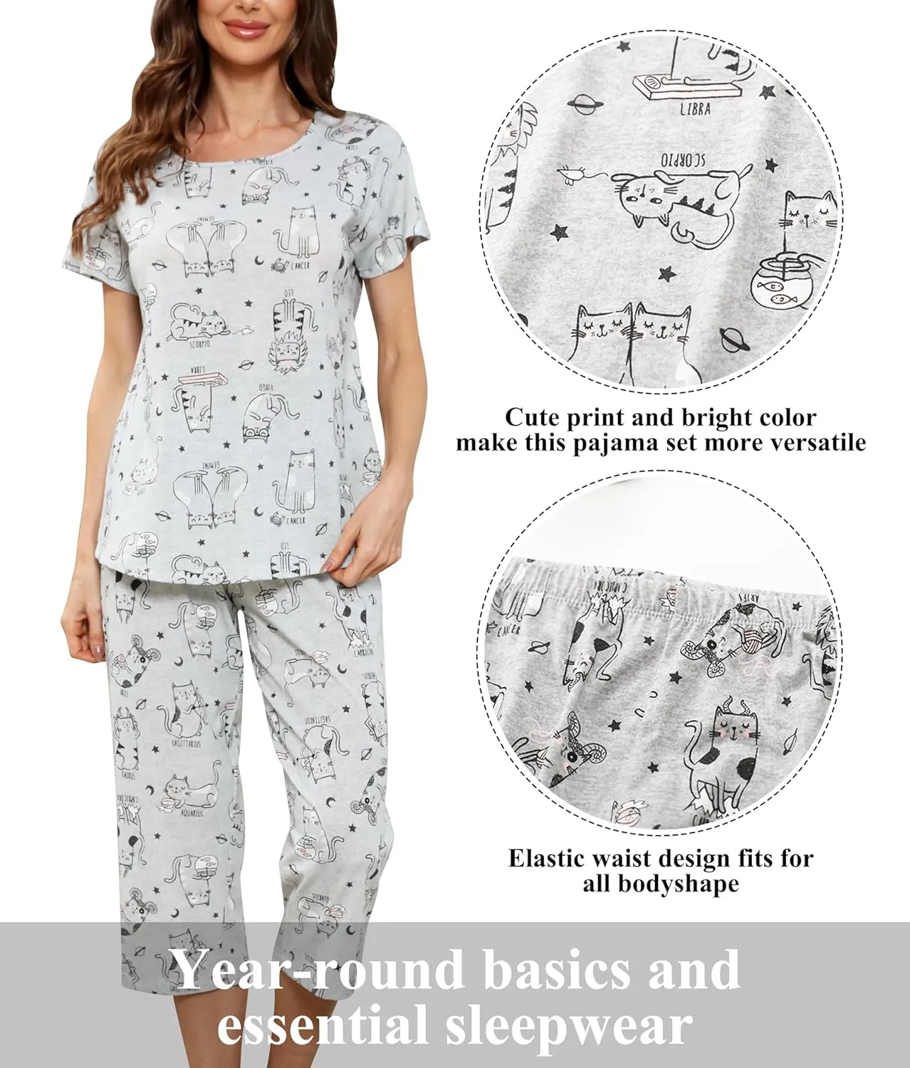 PNAEONG Women Pajama Set Sleepwear Tops with Capri Pants Casual and Fun Prints Pajama Sets