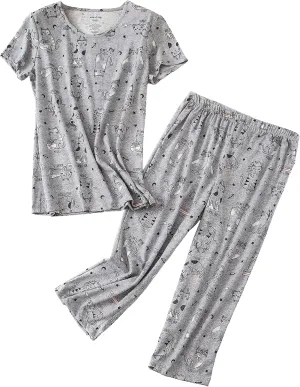PNAEONG Women Pajama Set Sleepwear Tops with Capri Pants Casual and Fun Prints Pajama Sets