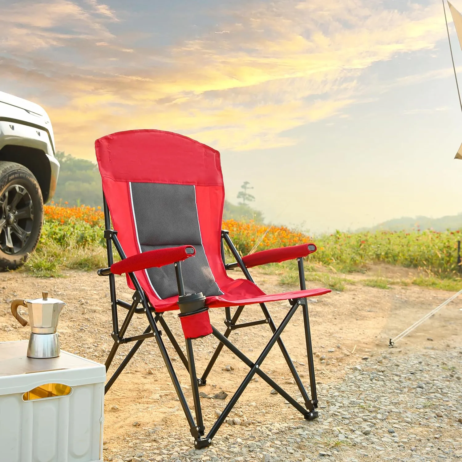 Portable Folding Camping Chair, High Back Design, 250 lbs Capacity, Cup Holder, Red (red)