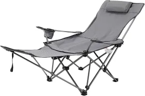 Portable Folding Outdoor Chair Beach Recliner Lightweight Wide Seat Comfortable Soft Padded 120KG Capacity Footrest Cup Holder Side Pocket for Camping Picnic Garden-Grey