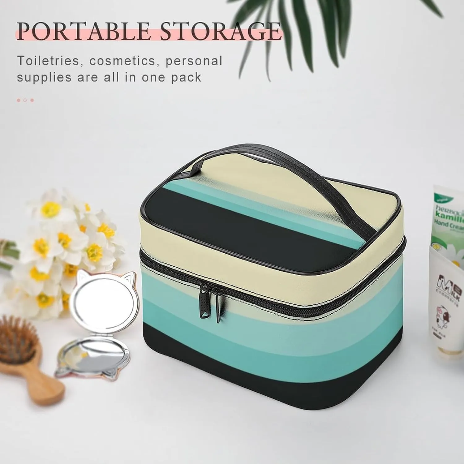 Portable Make Bag, Beige Grey Blue Black Stripes Cosmetic Case Portable Cosmetic Portable Organizer for Men & Women
