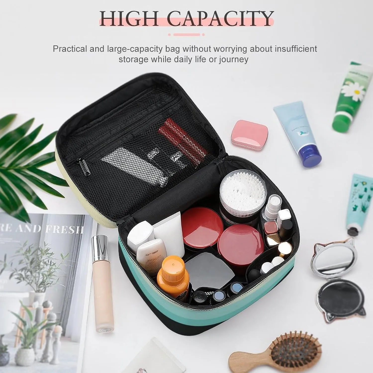 Portable Make Bag, Beige Grey Blue Black Stripes Cosmetic Case Portable Cosmetic Portable Organizer for Men & Women