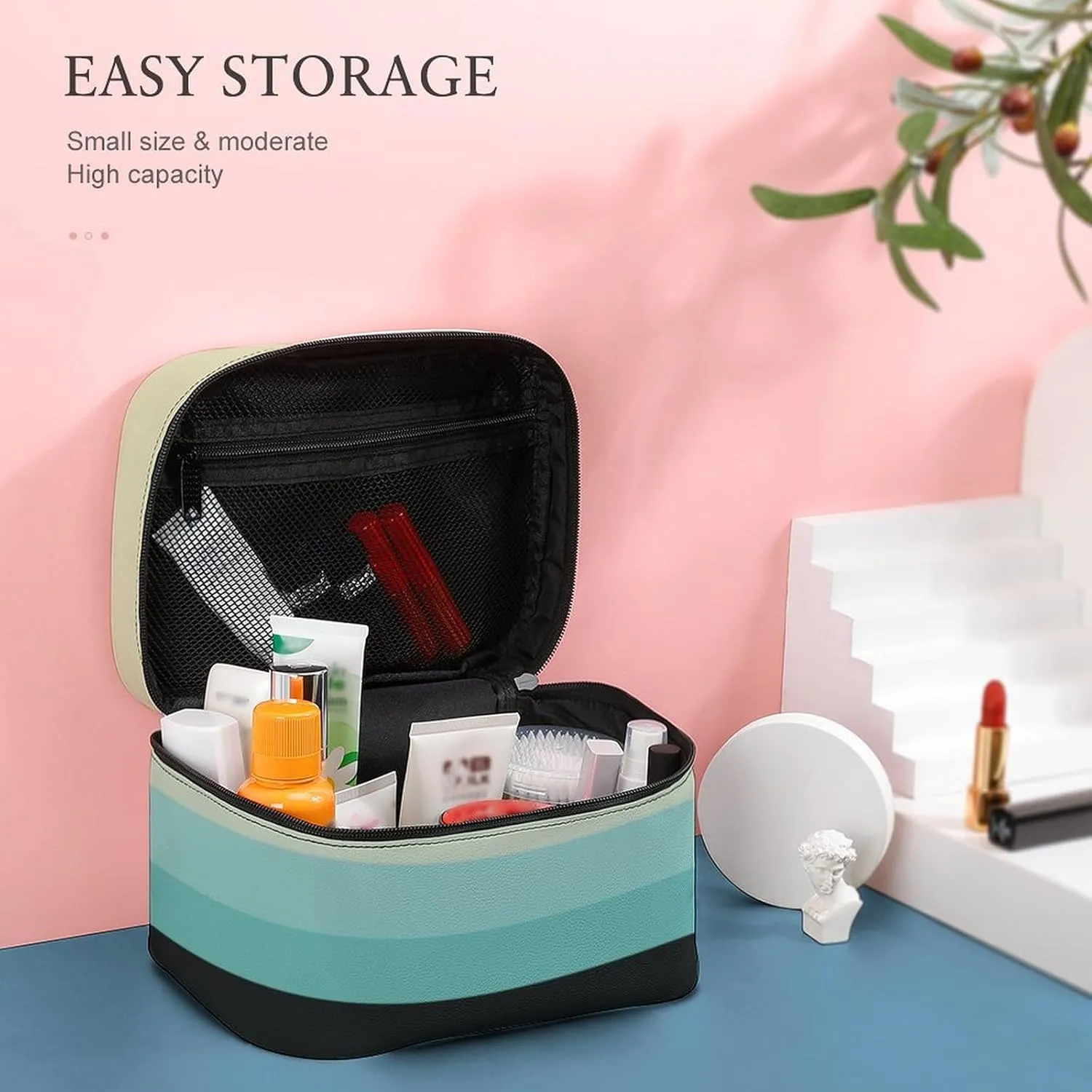 Portable Make Bag, Beige Grey Blue Black Stripes Cosmetic Case Portable Cosmetic Portable Organizer for Men & Women