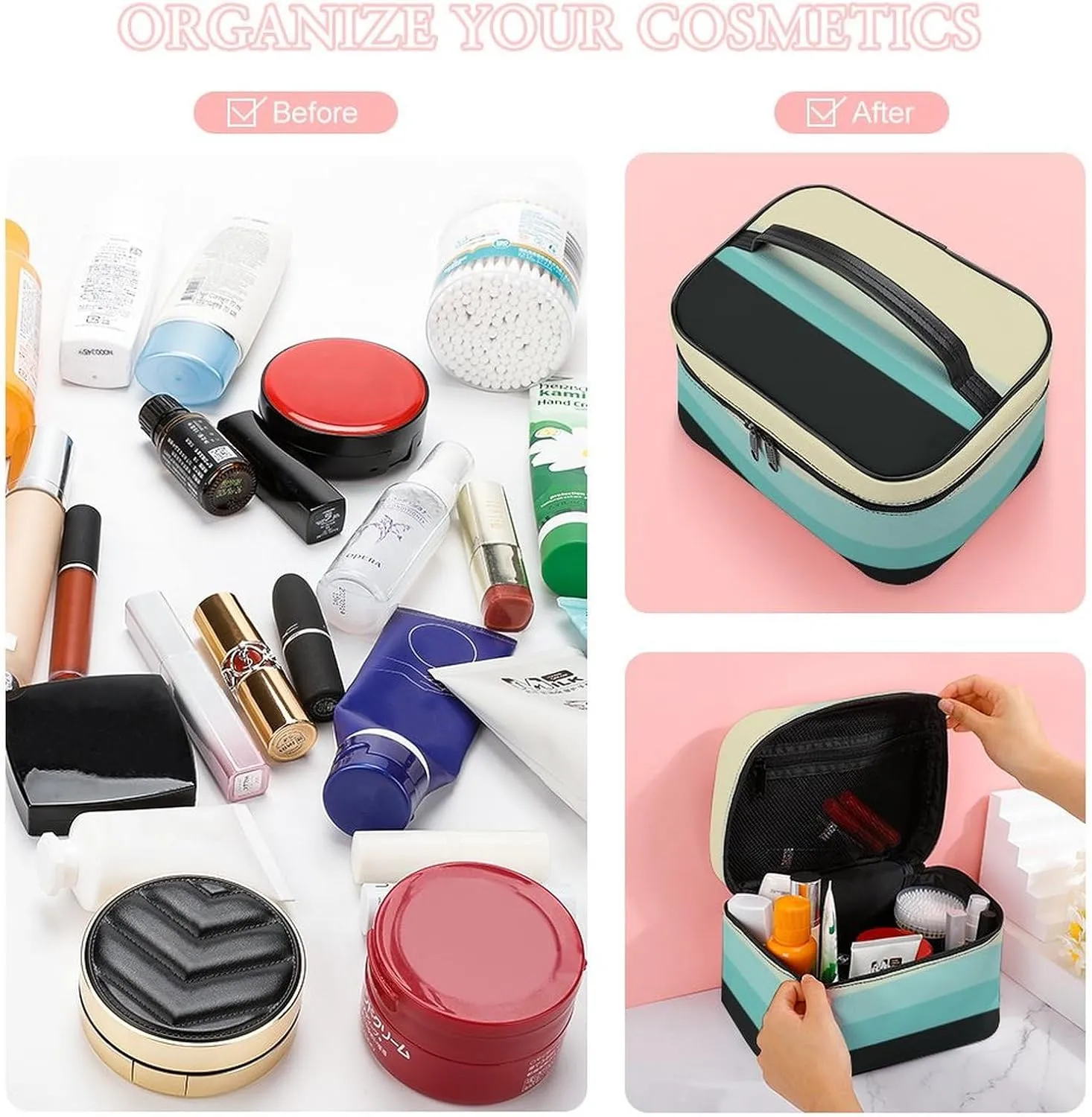 Portable Make Bag, Beige Grey Blue Black Stripes Cosmetic Case Portable Cosmetic Portable Organizer for Men & Women