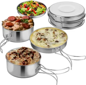 Portable Stainless Steel Cookware Set, Storage Bag Included, Lightweight 4 Pcs Pots for Picnic, Cooking Pot Pan Plate Stackable Set, Outdoor Activities, Camping, Hiking, Mountaineering
