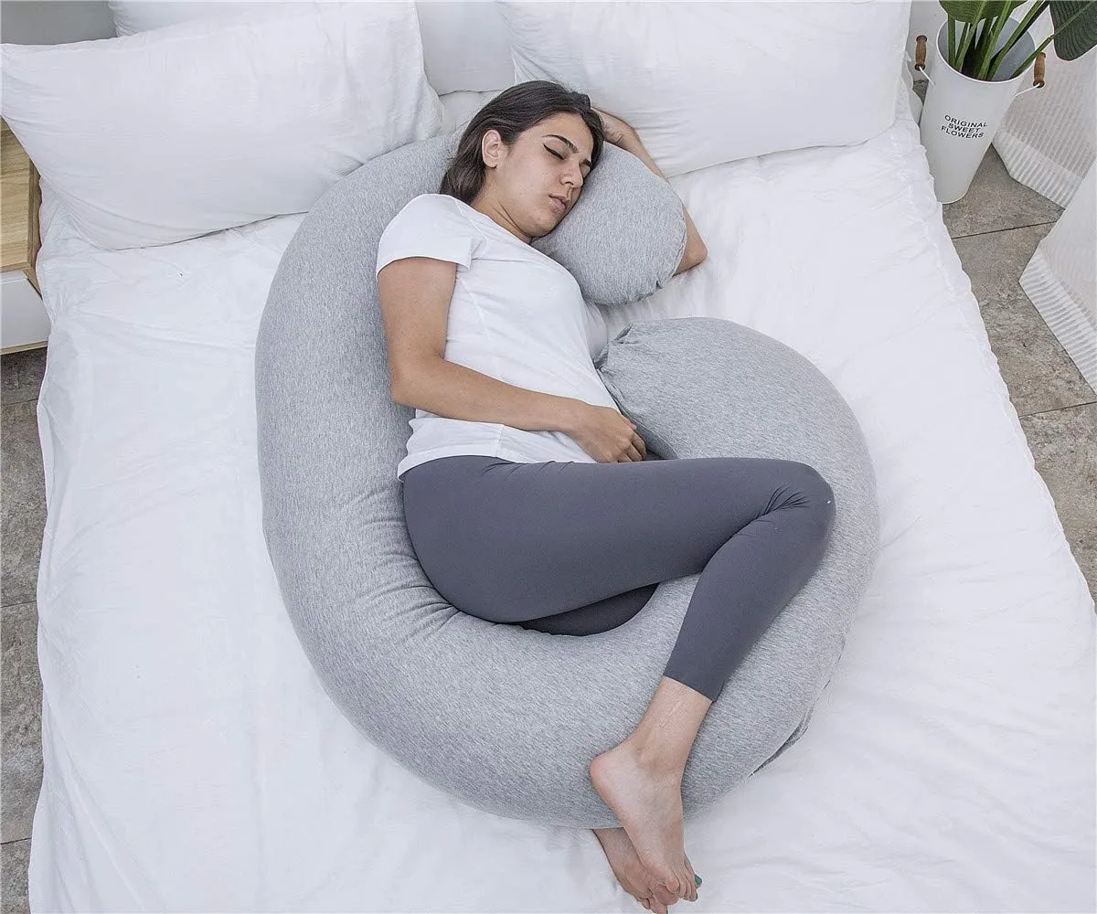 Pregnancy Pillow, C Shaped Full Body Pillow for Maternity Support, Pregnant Women Sleeping Pillow with Jersey Cover (Light Grey)